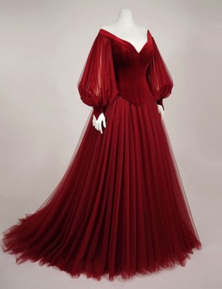 dark red velvet flutter tulle sleeve vintage formal gown