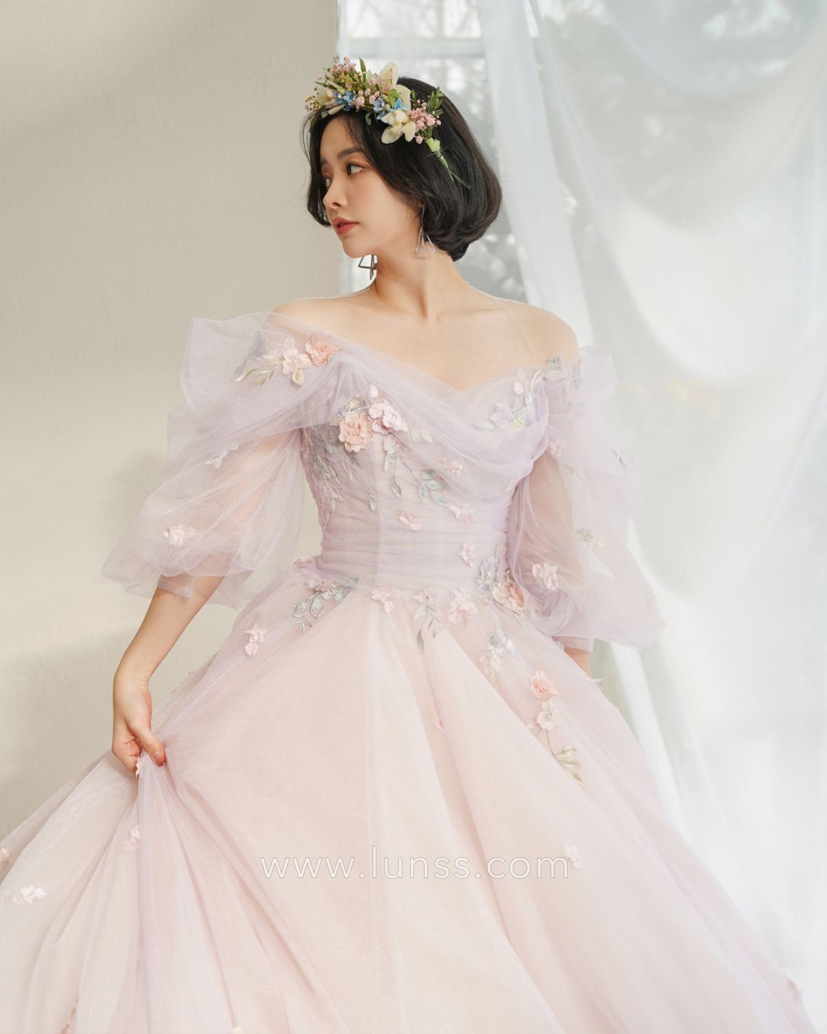 fairy 3d floral lilac tulle evening dress