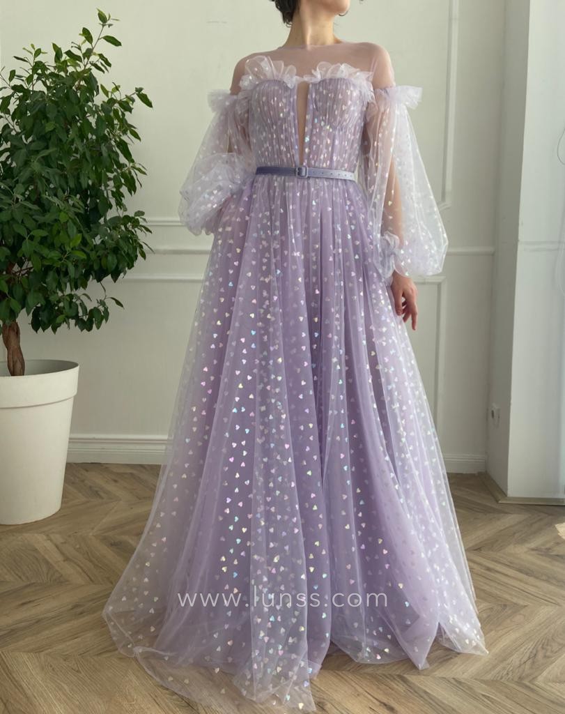 fairy lavender tulle fabric with printed colorful hearts A line long evening dress