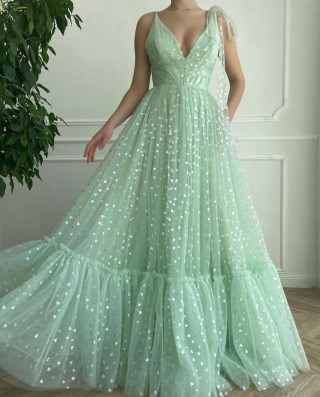 fairytale mint green tulle colorful hearts evening dress