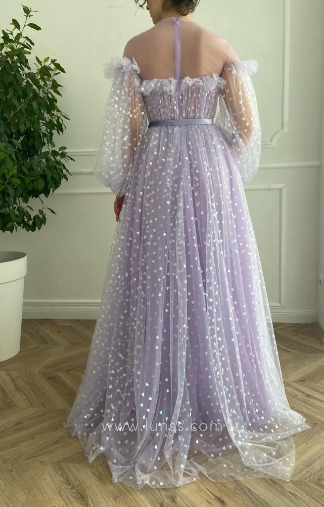 fuffled off the shoulder long puff sleeves evening long dress