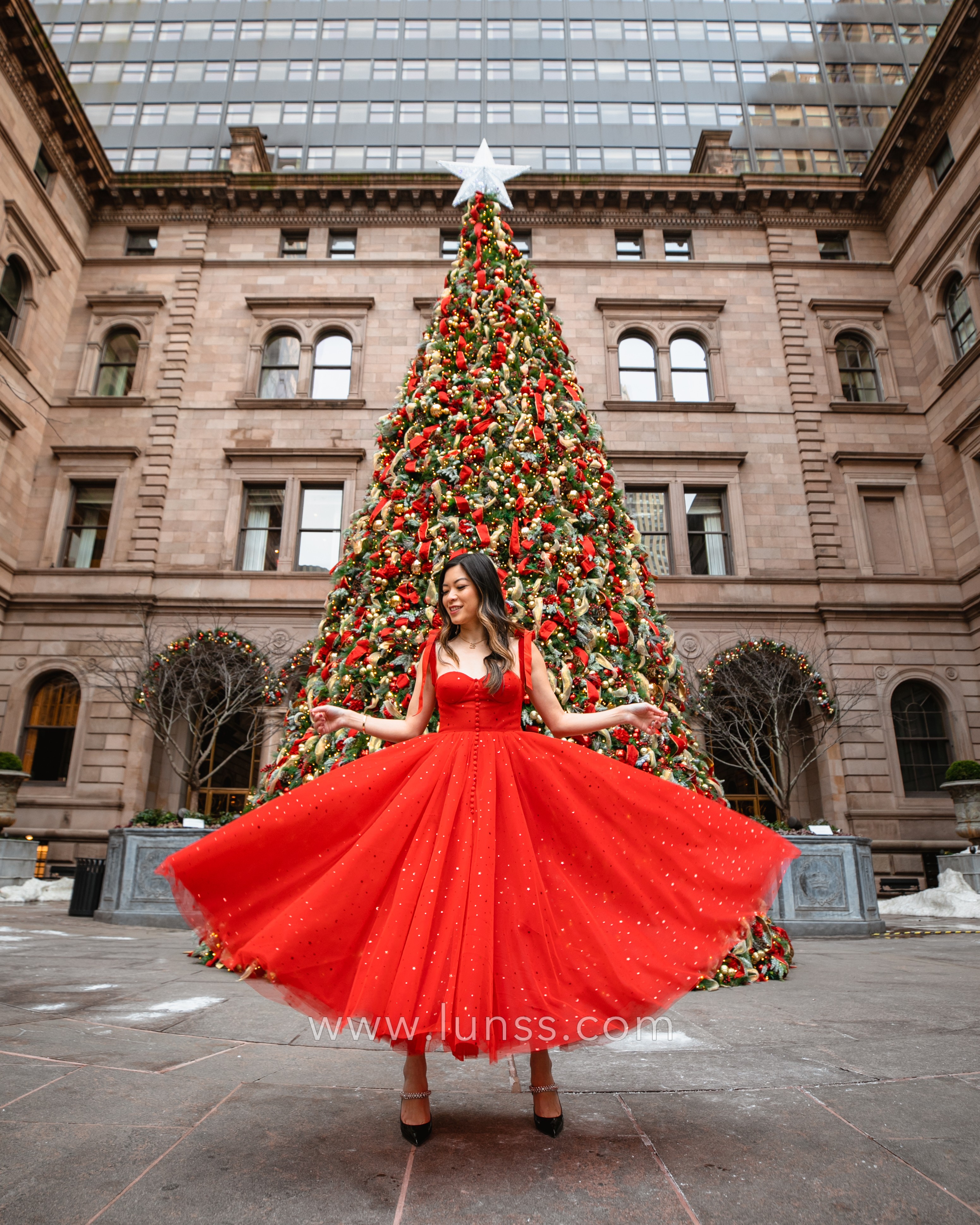 gold stars and moons embellished red tea length dress