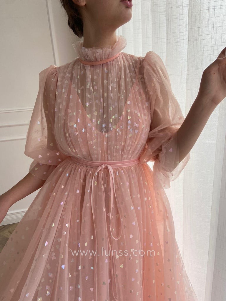 hearts printed pink tulle evening dress