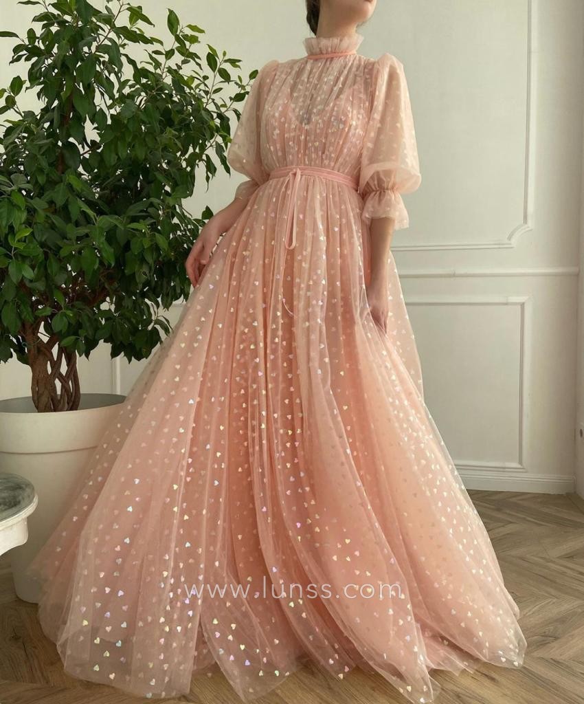 hearts printed pink tulle puffy sleeve long evening dress
