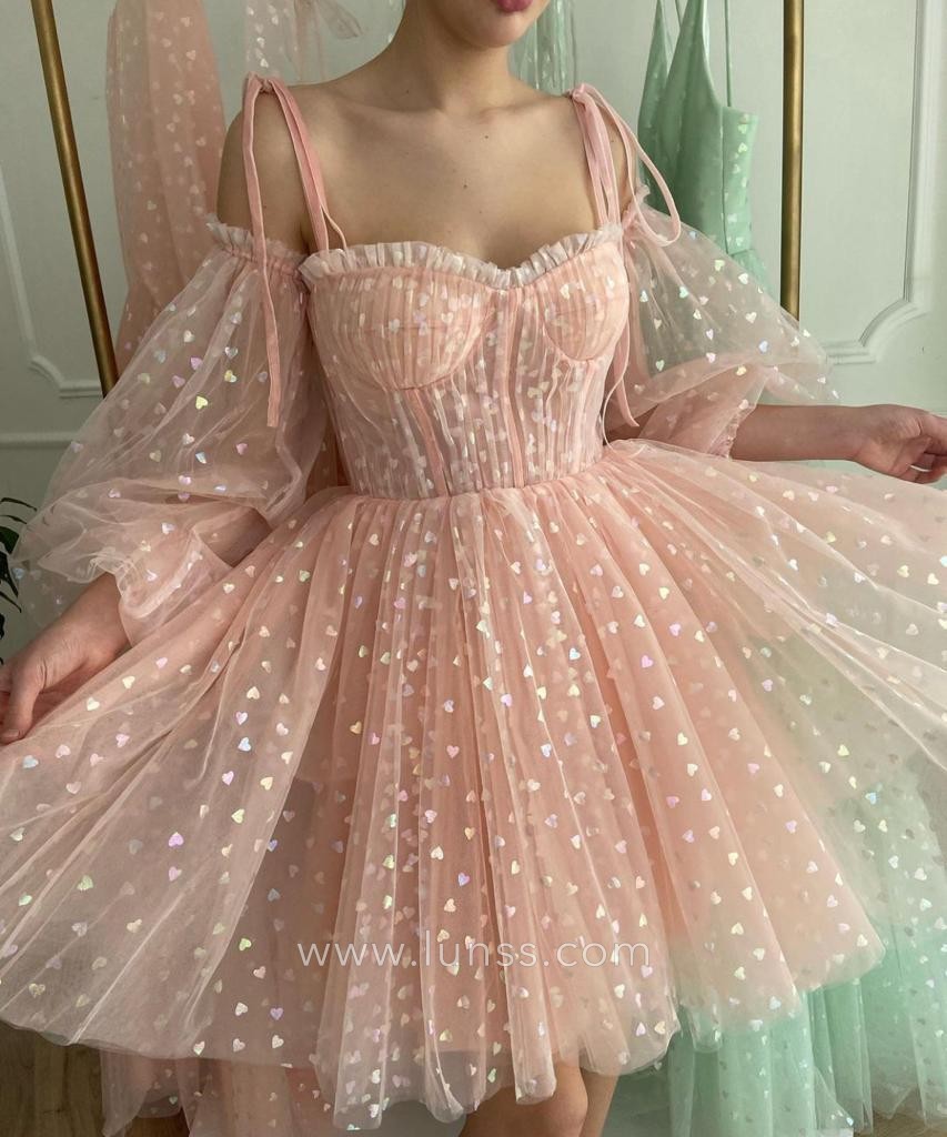 hearts printed pink tulle short dress