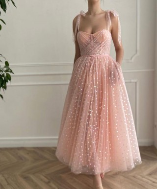 hearts printed pink tulle tea length fairy party dress