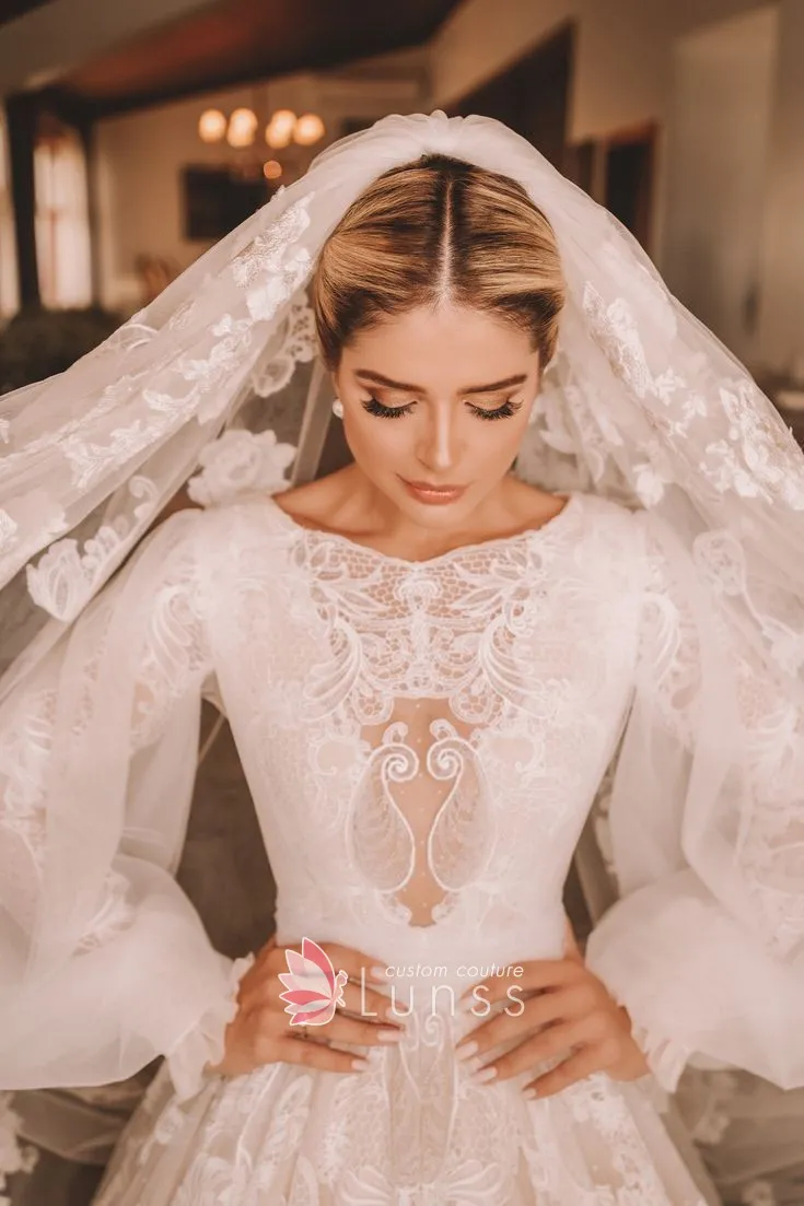 illusion lace and organza puff sleeve wedding gown illusion lace and organza puff sleeve wedding gown