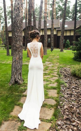illusion lace back ivory fit and flare bridal dress