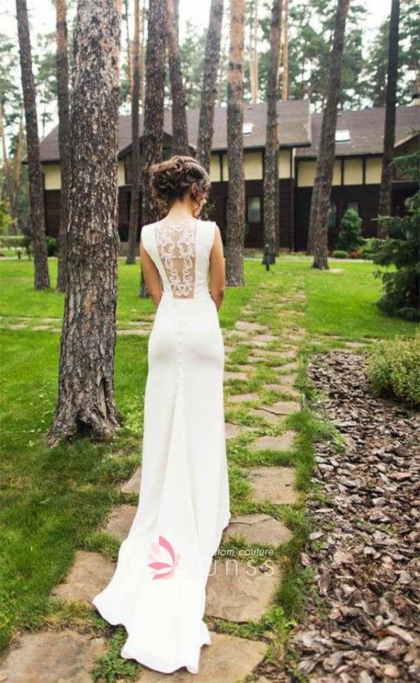 illusion lace back ivory fit and flare bridal dress