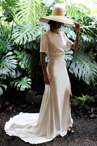 ivory crepe satin short sleeve slit bridal evening dress