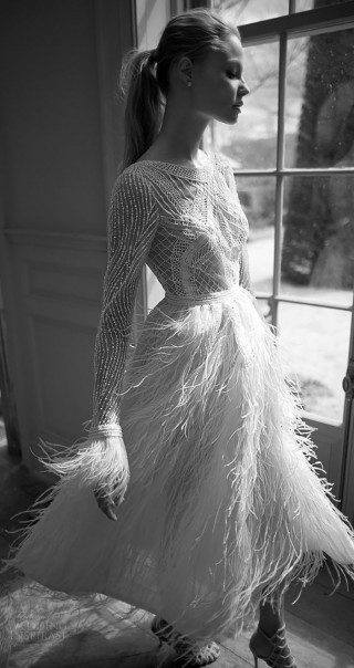 lace and feather ankle length feather bridal dress