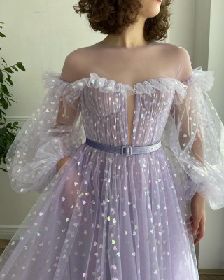 lavender tulle colorful hearts puff sleeve evening dress