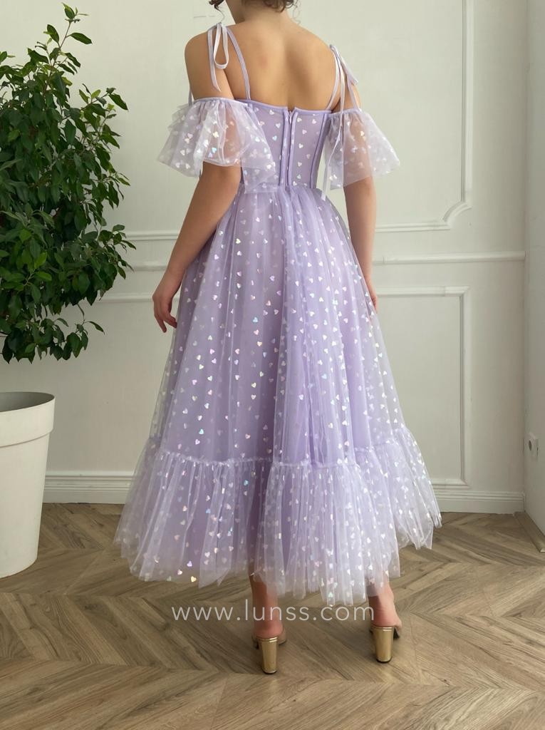 lavender tulle with printed colorful hearts tea length evening dress lavender tulle with printed colorful hearts tea length evening dress