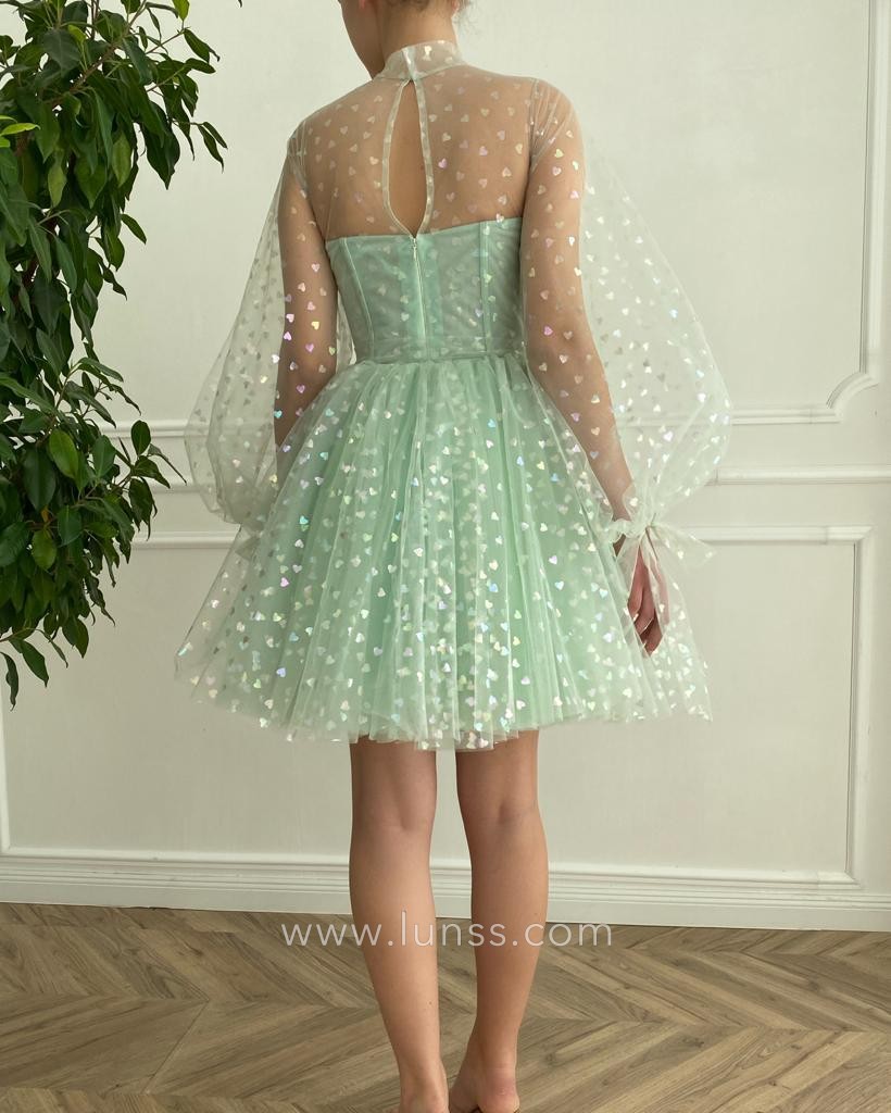 long see through puff sleeves short mint green dress