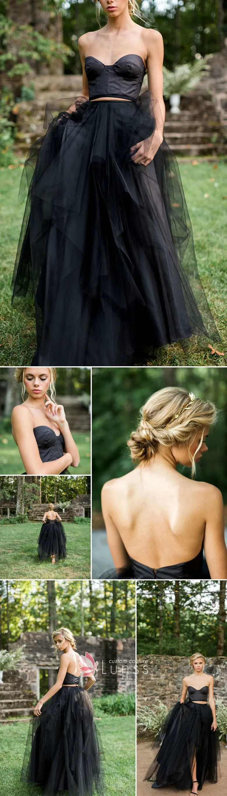 low back strapless black satin and tulle slit bridal gown