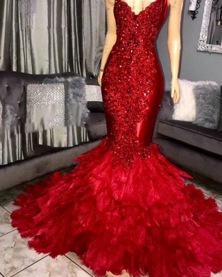 luxury diamond beaded red big feather trumpet prom dress