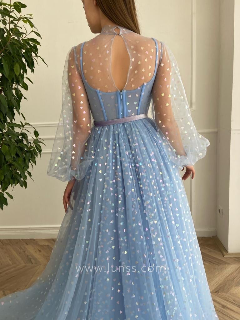 maya blue tulle with printed colorful hearts long dress