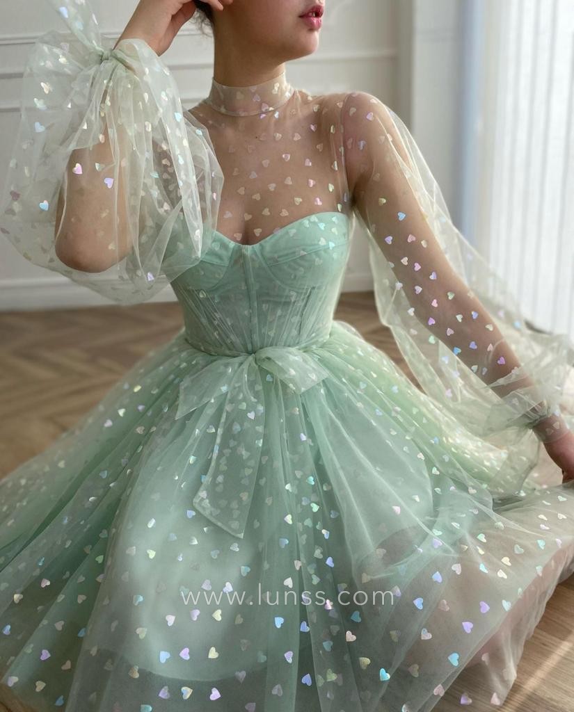 mint green tulle puff sleeve mini dress