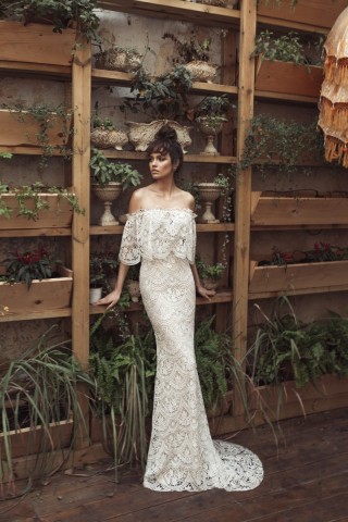 off the shoulder fluttering lace sheath bridal gown