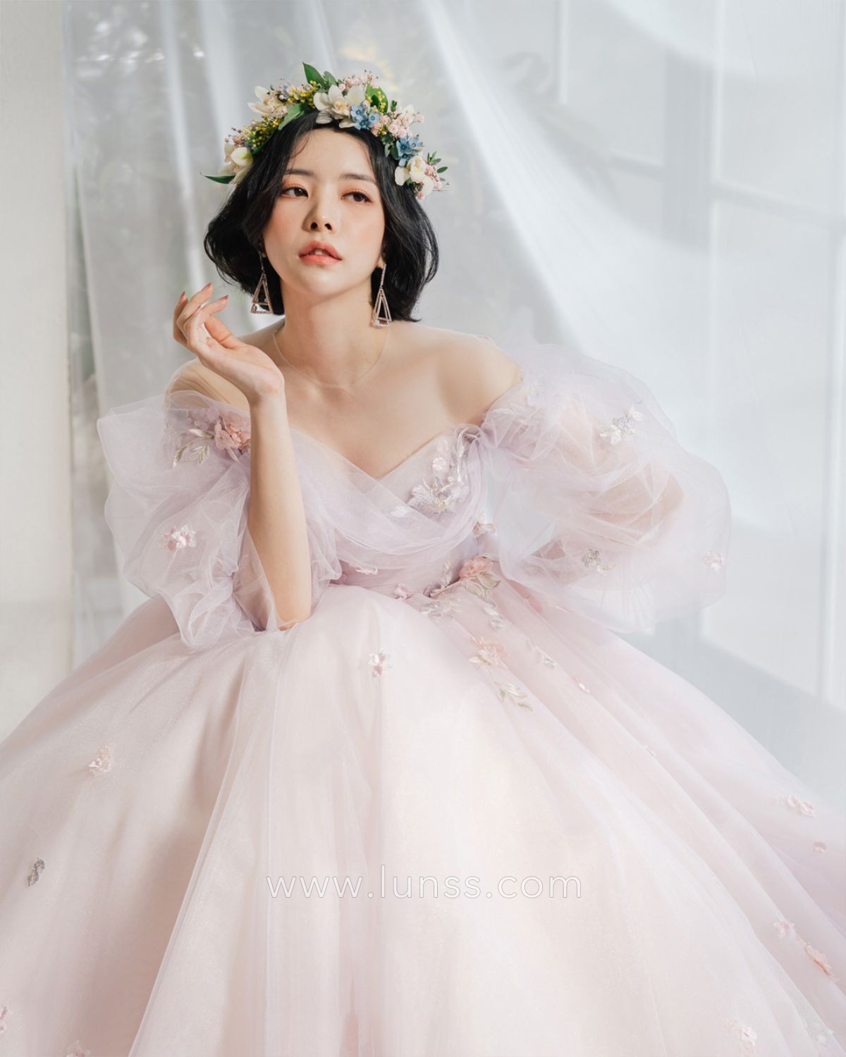 off the shoulder ruffled sheer tulle sleeve princess dress