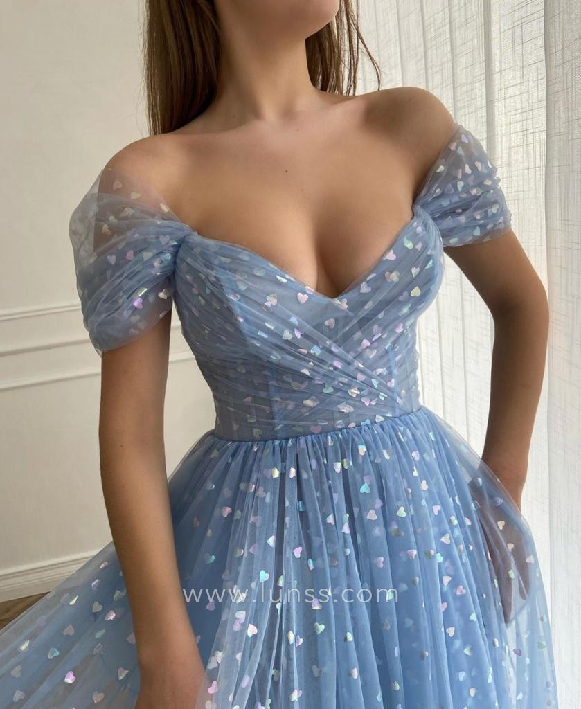 off the shoulder short sleeves blue tulle with colorful hearts dress