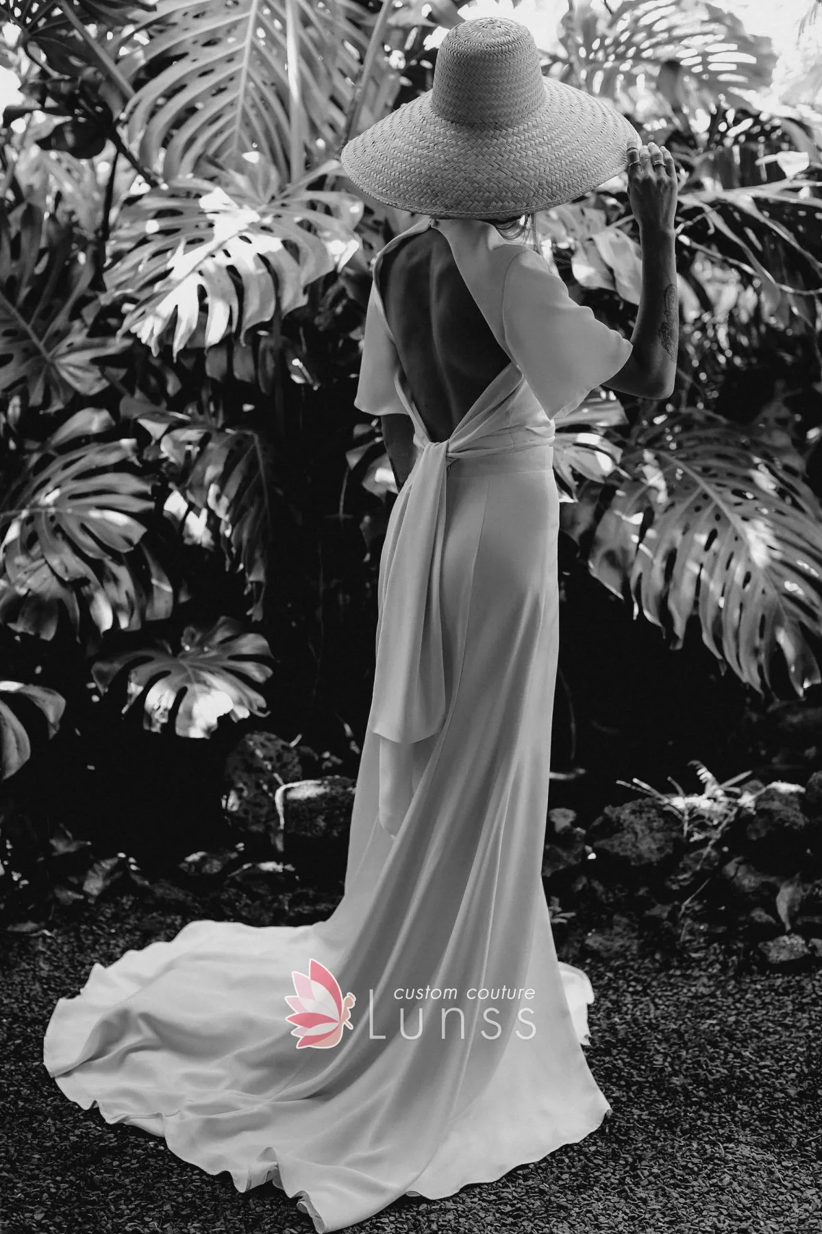 open back ivory crepe satin long bridal evening dress