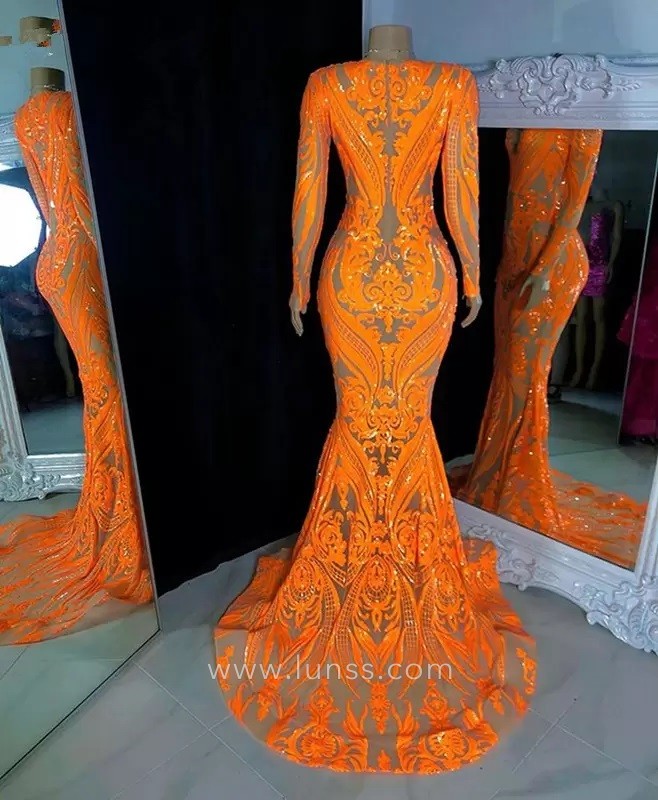 orange sequin long sleeve prom dress