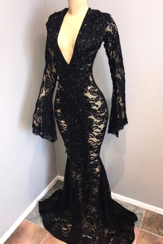 pearled black lace plunging neck long sleeve prom dress