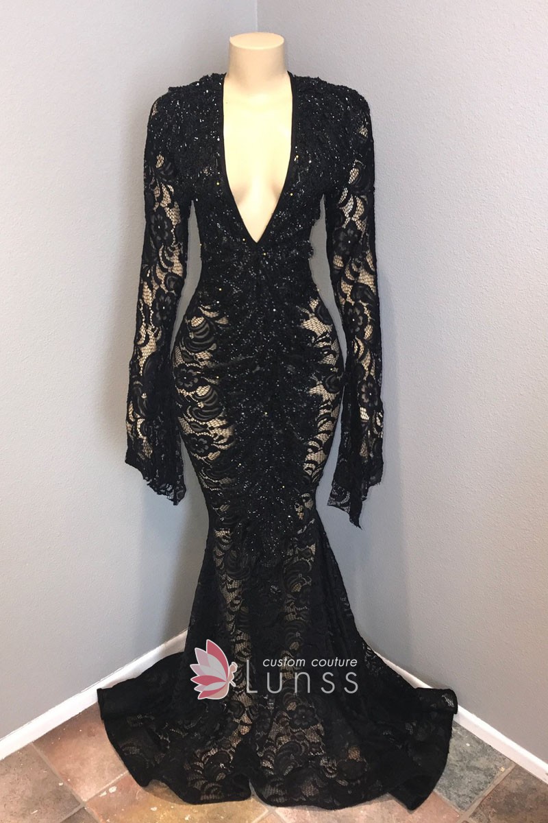 pearled black lace sleeve prom dress
