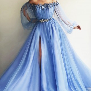 pearled lace off the shoulder blue tulle long sleeve gown