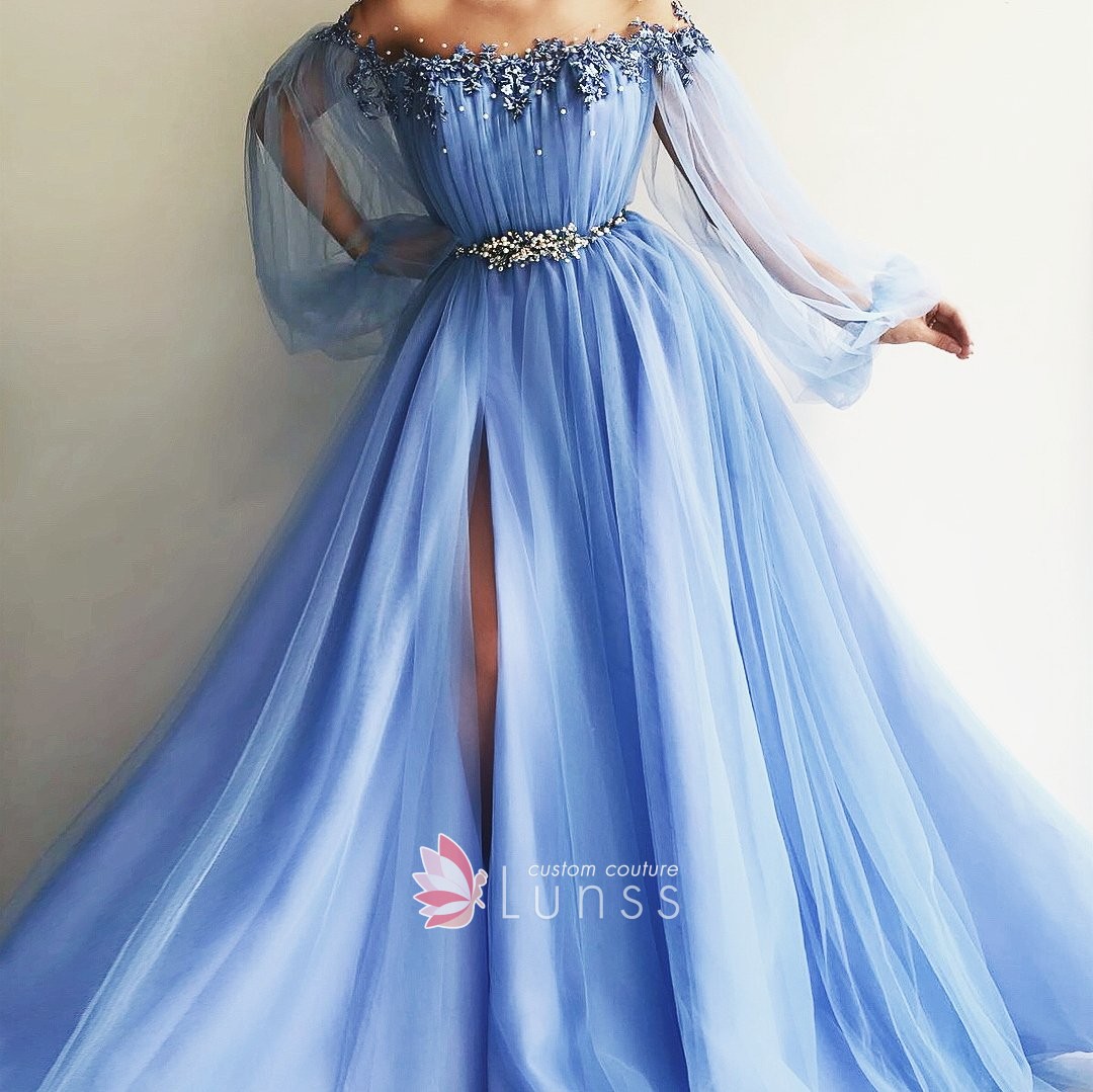 pearled lace off the shoulder blue tulle long sleeve gown