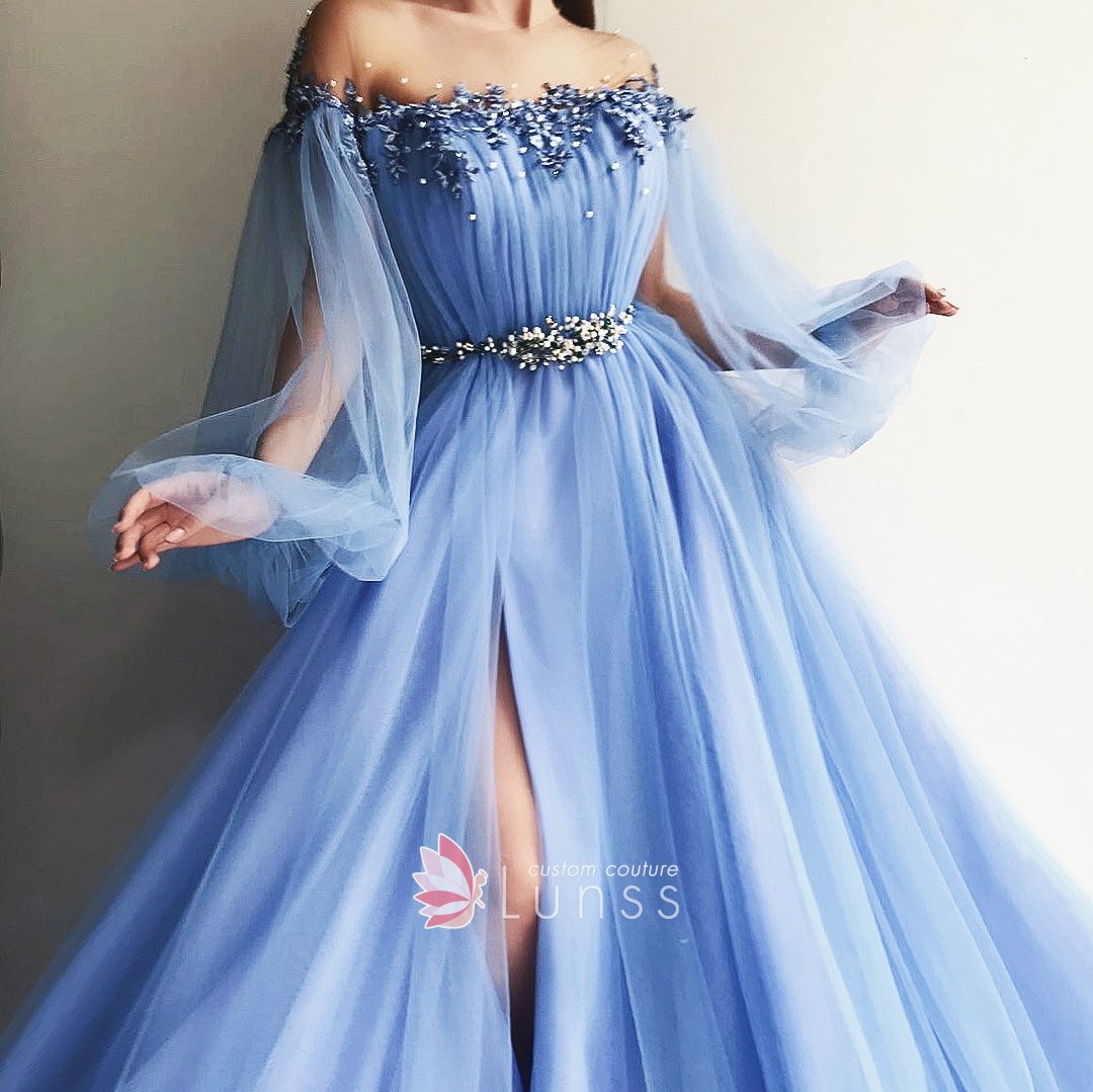 pearled off the shoulder blue tulle gown