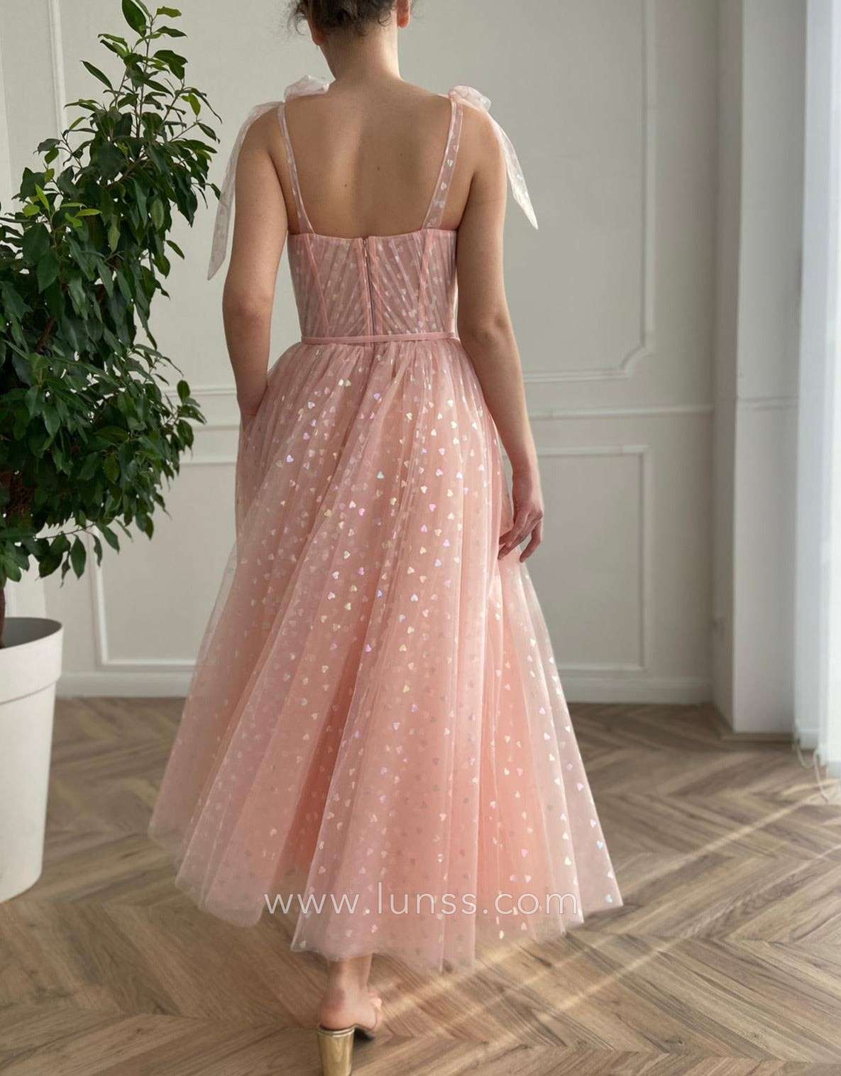 pink tulle tea length fairy party dress with hearts print