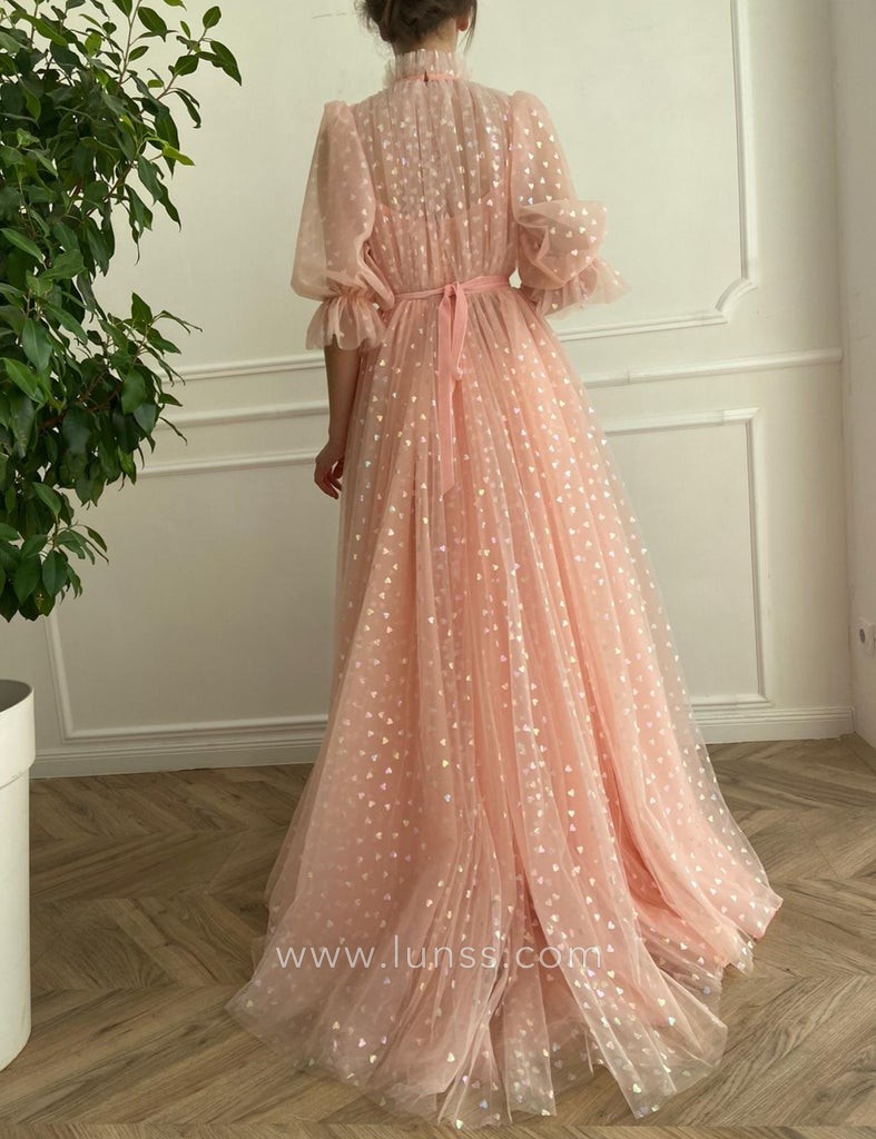 pink tulle with hearts printed A line long evening dress