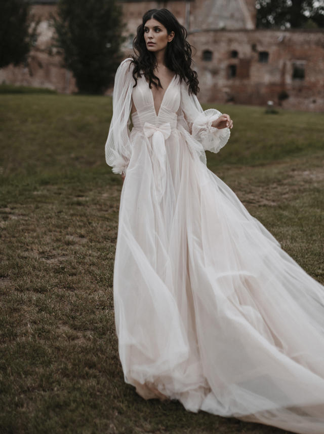 pleated sheer tulle a line evening dress