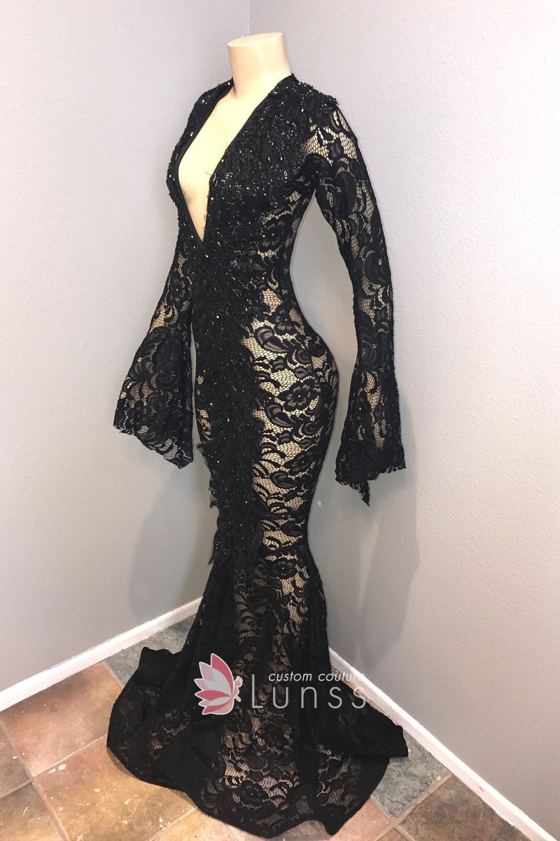 plunging neckline black bell sleeve mermaid black lace dress