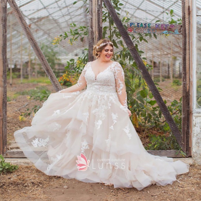 plus size v neck long sleeve champagne bridal gown
