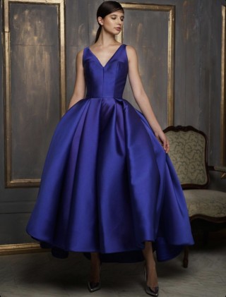 puffy grape satin tea length vintage prom party gown