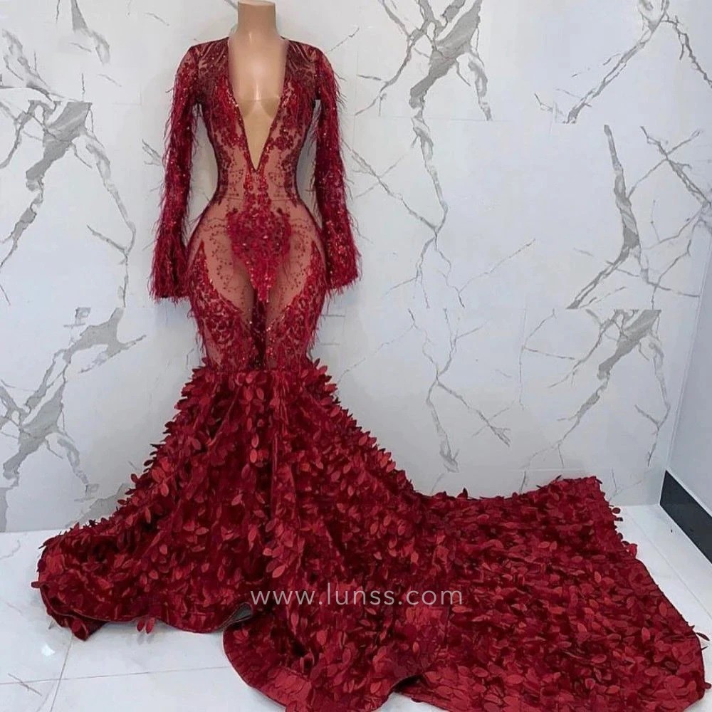 red sequin feathers leaves prom dress