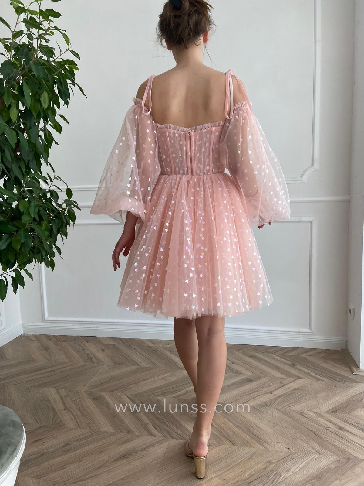 rose pink hearts printed tulle short fairytale party dress
