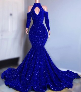 royal blue sequin cold shoulder trumpet prom dress