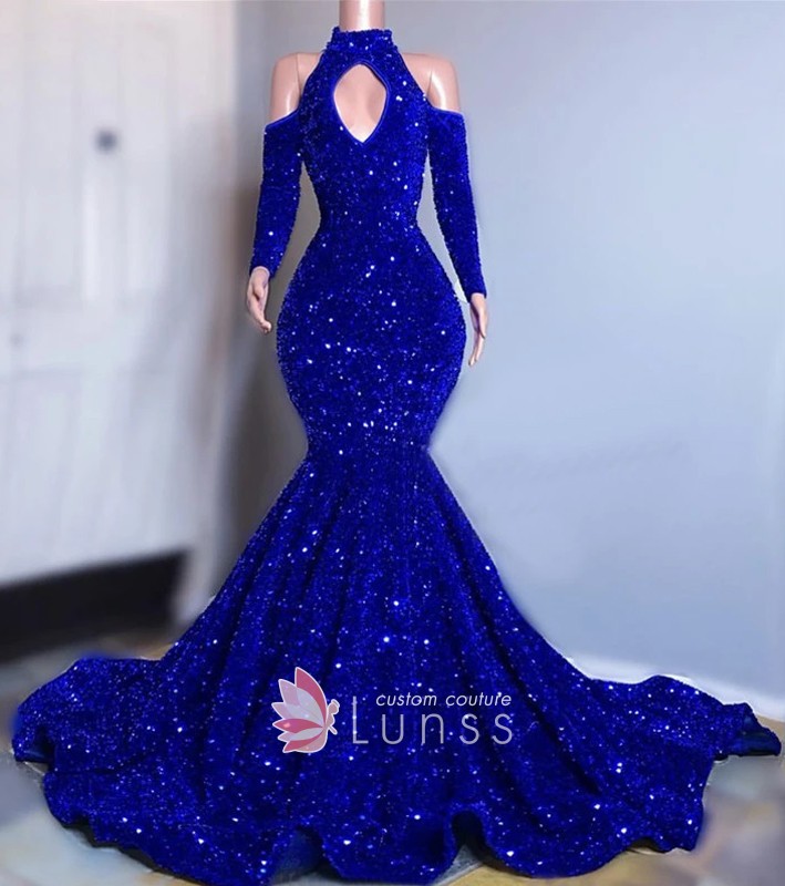 royal blue sequin cold shoulder trumpet prom dress