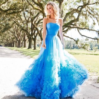 ruffled hemline blue tulle floor length a line prom dress