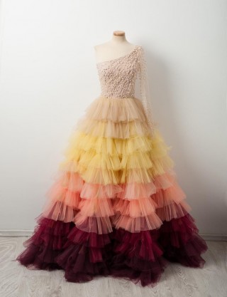 ruffled tiered ombre tulle pearled one sleeve prom dress