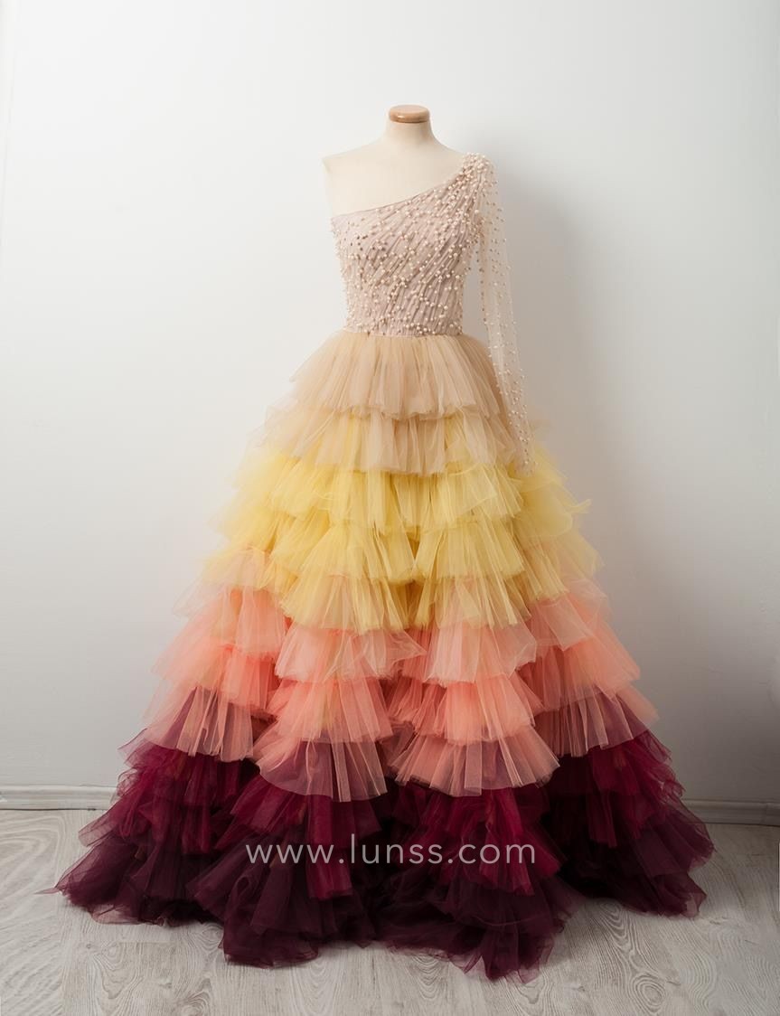 ruffled tiered ombre tulle pearled one sleeve prom dress
