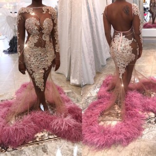 sexy beaded lace pink feather african american prom dress