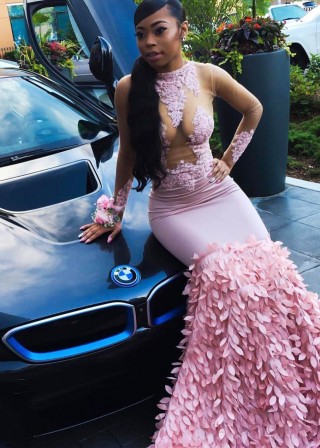 sexy pink sheer lace 3d leaf african american prom dress