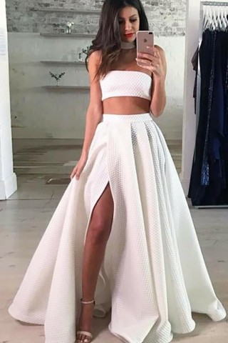 sexy two piece ivory floor length slit prom dress