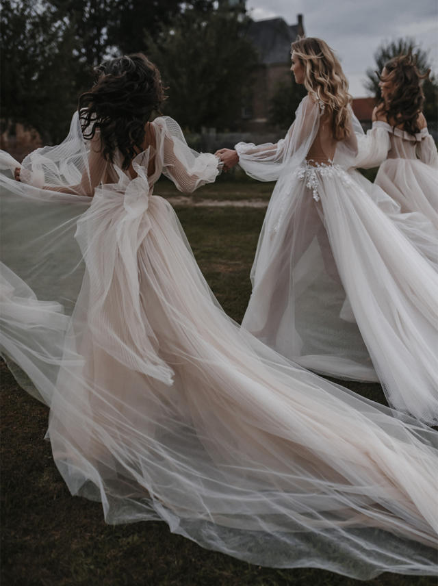 sheer tulle long sleeve A line evening dress