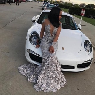 silver beaded illusion lace 3D rosette mermaid prom dress